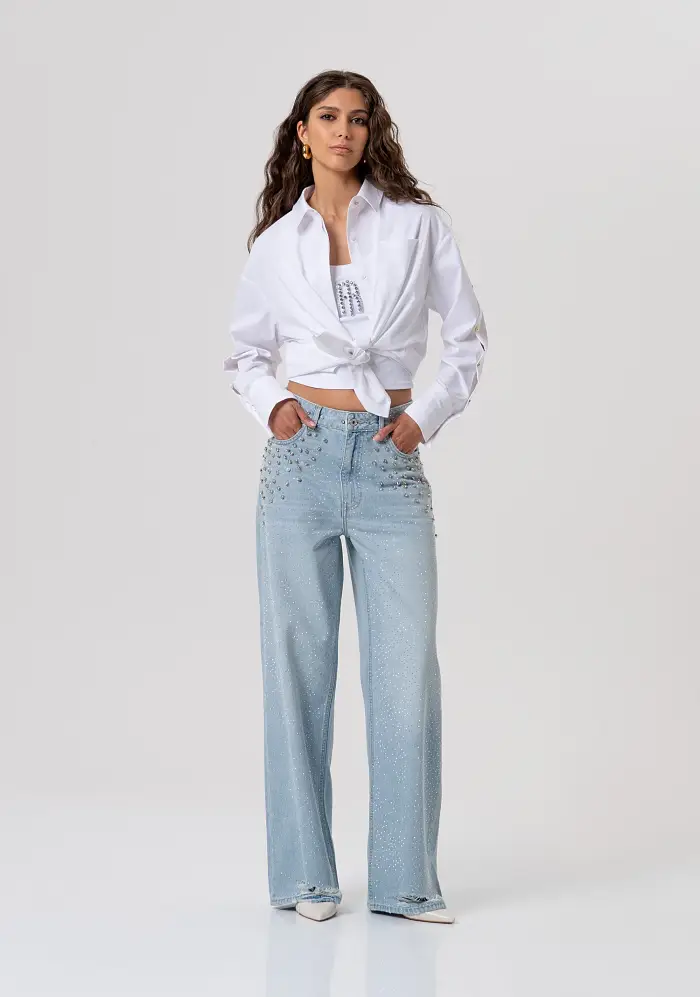 Fracomina Jeans straight fit in denim con lavaggio chiaro e con pietre luminose e strass