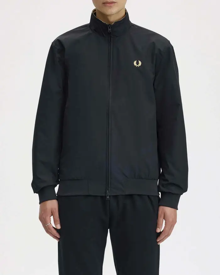 Giubbino sailor Fred Perry nero in twill con corona d alloro color oro ricamata sul petto