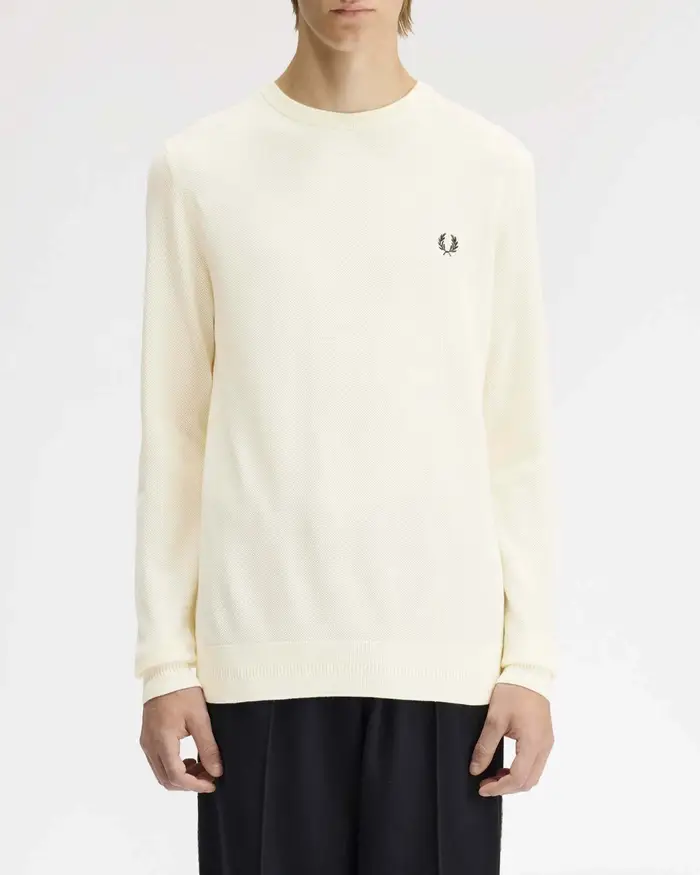 Maglia girocollo Fred Perry panna in piquè di puro cotone