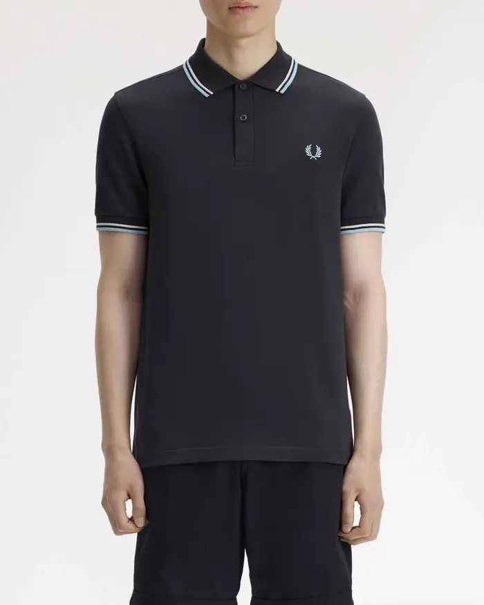 Polo Fred Perry antracite mezza manica con bordino azzurro e bianco