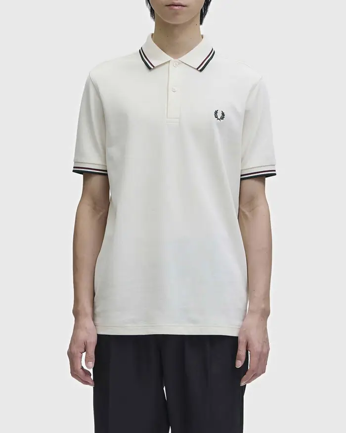 Polo Fred Perry bianca mezza manica con bordino blu e bordeaux