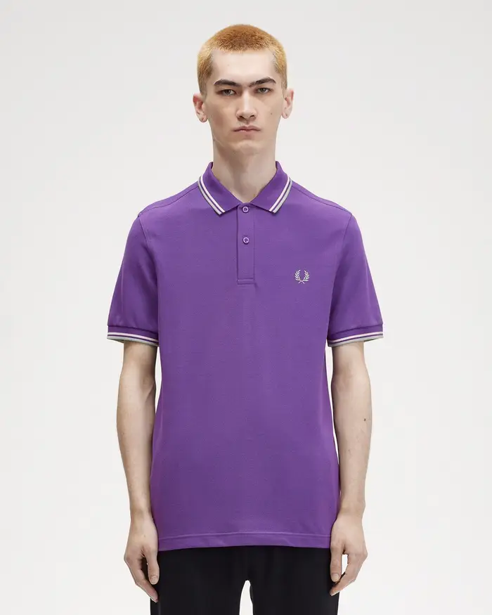 Polo viola mezza manica con bordino bianco e grigio