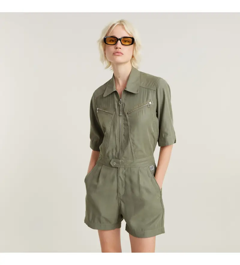 G-Star per donna. D24585-D522-2199 Tuta con cerniera verde, Casual, Viscosa, Manica corta