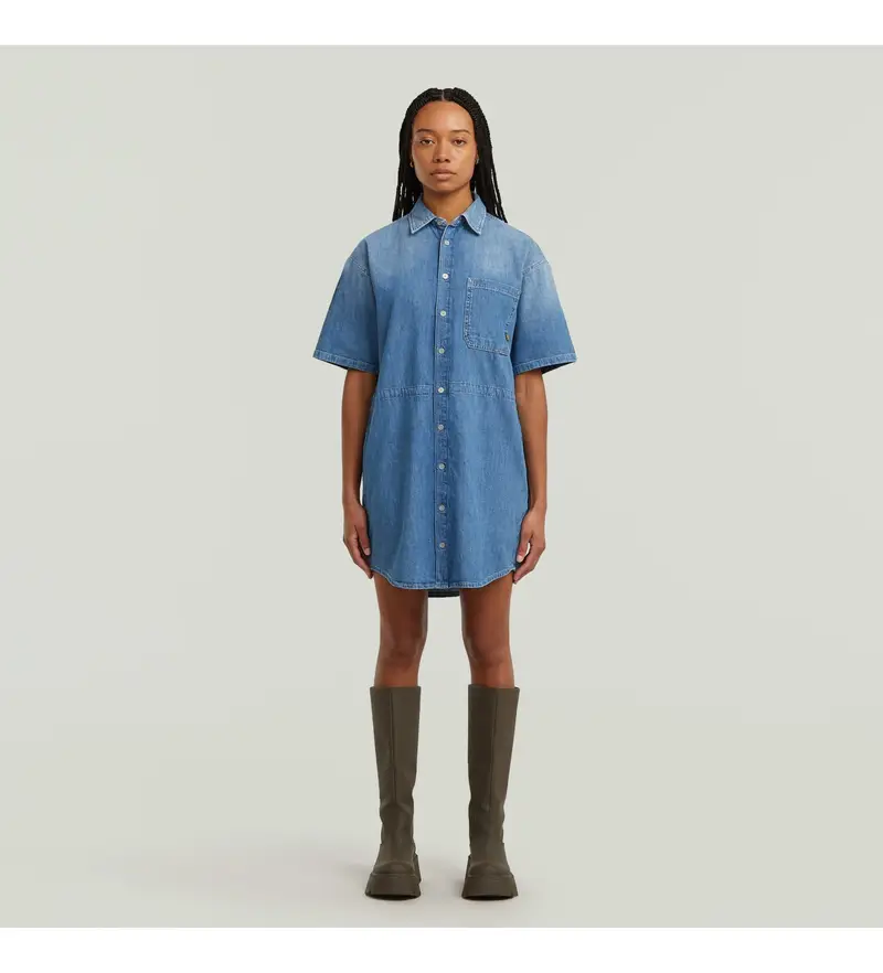 G-Star per donna D26628-D946-H166 Abito blu con coulisse rilassato, Casual, Denim, Manica corta, Cotone biologico, Sostenibile