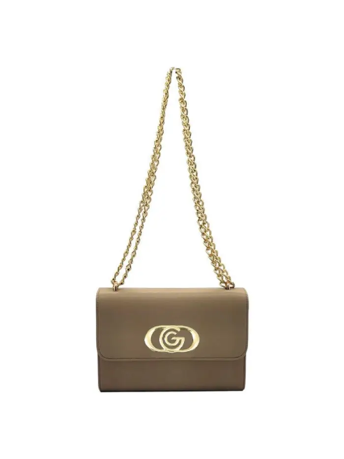 Gabriella Gucci borsa jenny cammello con tracolla in metallo oro e logo