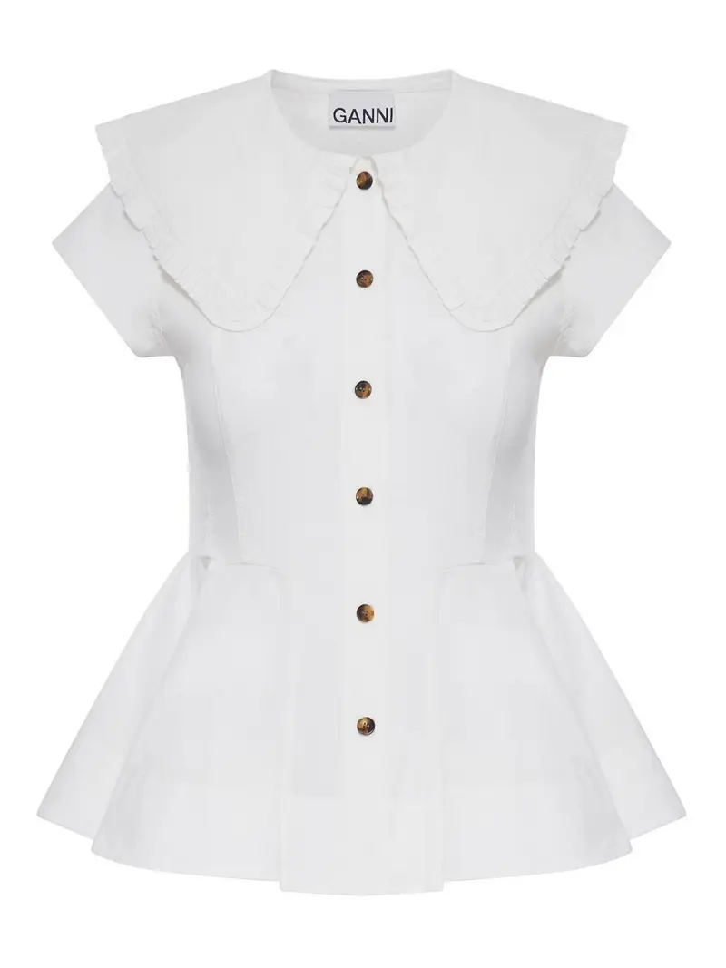 Ganni Camicia corta in cotone con volant Bianco