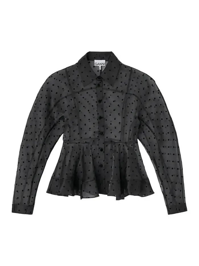 Ganni Camicia peplo in organza floccata Nero