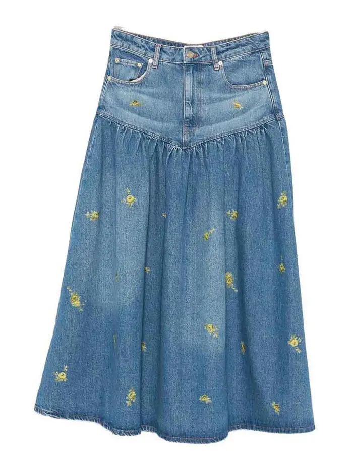 Ganni Gonna lunga in denim con fiori stampati Blu