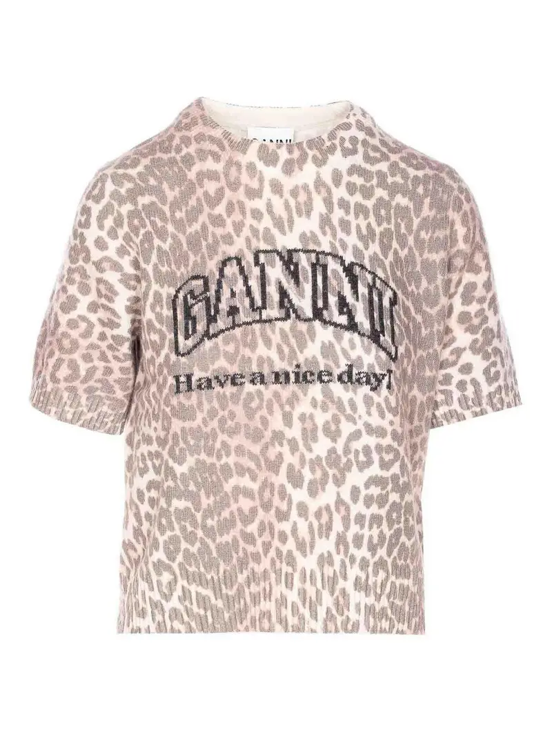 Ganni Maglietta di lana grafica leopardo Multicolore