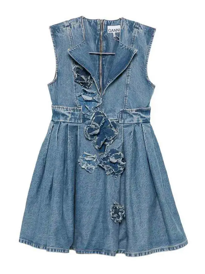 Ganni Mini Vestito in denim a fiori Blu