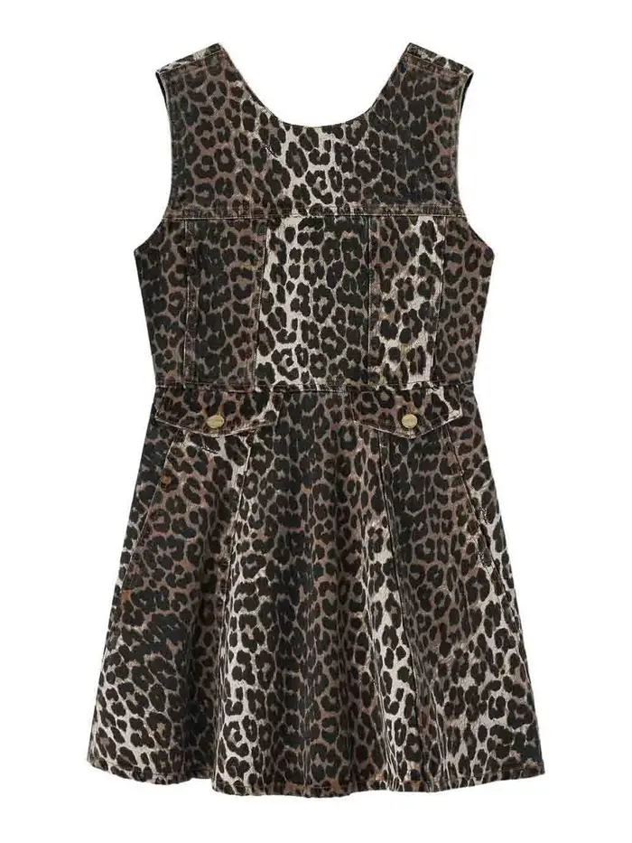 Ganni MiniVestito con balze in denim stampato Beige