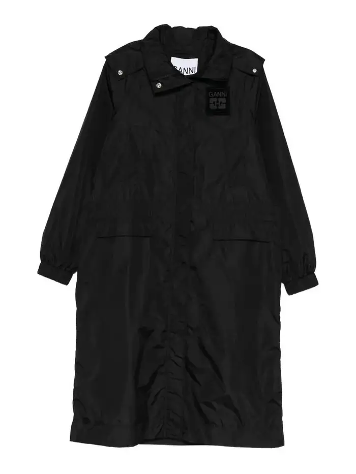 Ganni Parka lungo in nylon leggero con stampa Nero
