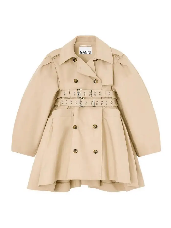 Ganni Trench con peplo in cotone doppio Beige