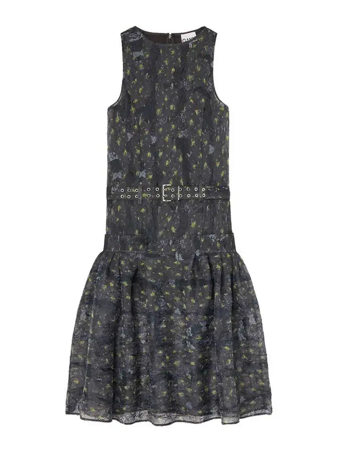 Ganni Vestito lungo con cintura in organza Shibori Nero