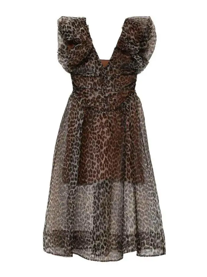 Ganni Vestito lungo con volant Beige
