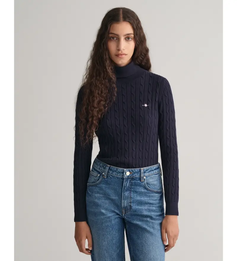Gant per donna 4800102 Maglione In Maglia A Trecce Con Dolcevita In Cotone Stretch Blu Navy, Casual