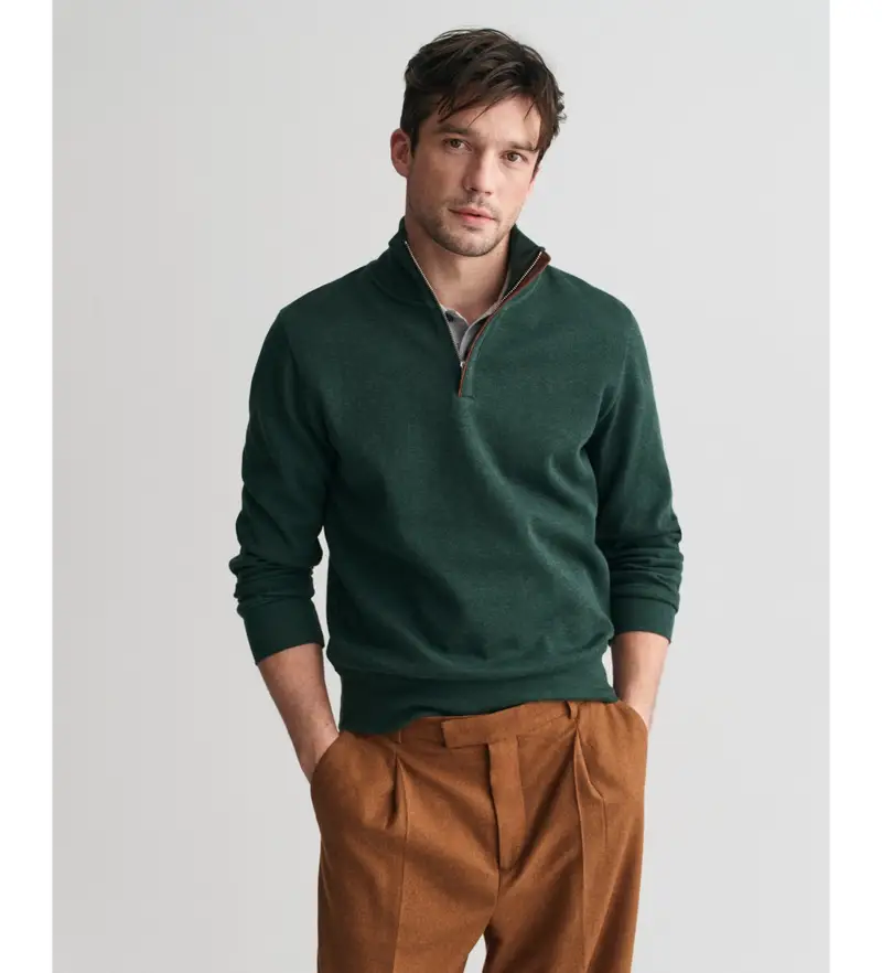 Gant per uomo. 2068028 Felpa Sacker Rib con mezza zip in verde, Casual, Cotone