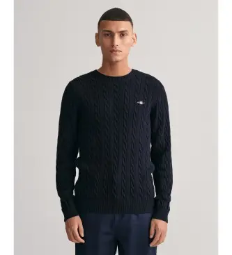 Gant per uomo 8050601 Maglione girocollo in maglia a trecce blu scuro, Casual, Cotone, Manica lunga, Navy