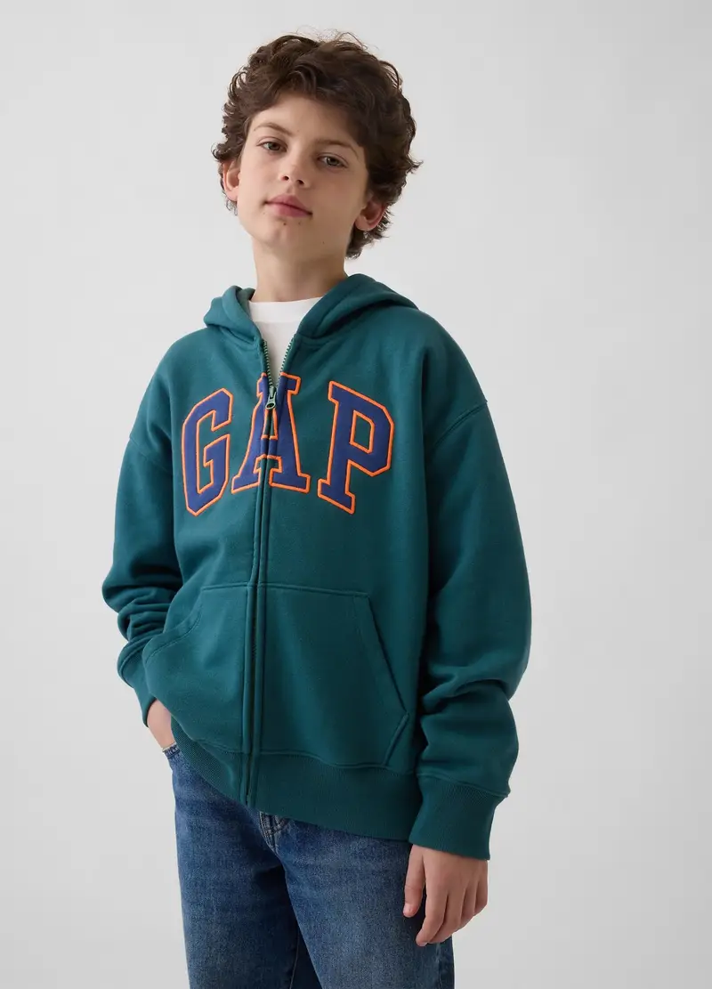 GAP Felpa in misto cotone con logo, zip e cappuccio, Bambino, Verde foglia