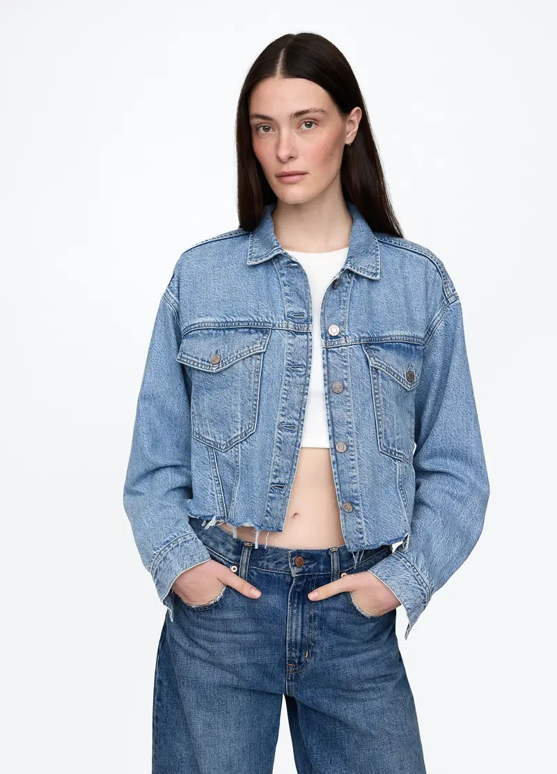 GAP Giacca Cropped In Denim Con Bordi Sfrangiati, Donna