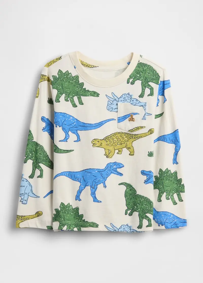 GAP KIDS Maglia A Maniche Lunghe In Puro Cotone Multicolor Da Bambino Con Dinosauri, Unisex, Multicolor