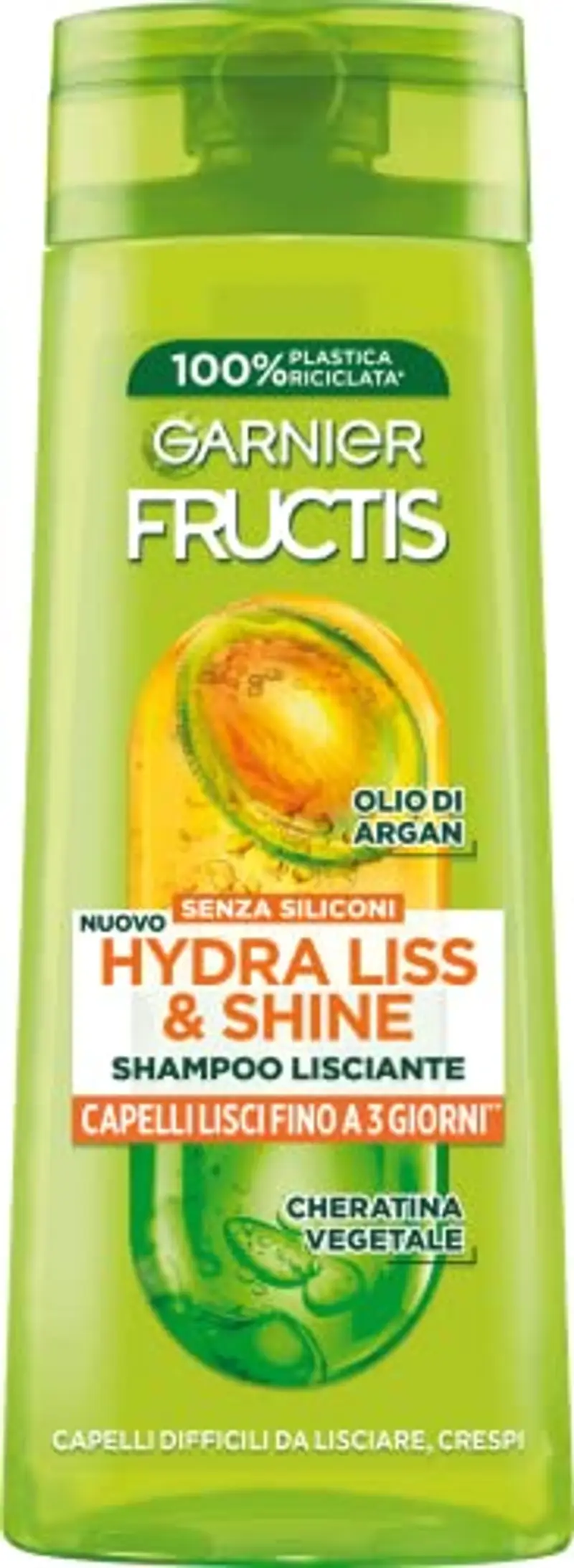 Garnier Fructis Shampoo Lisciante, Per Capelli Crespi, Effetto Luminoso, Con Olio di Argan e Cheratina Vegetale, Hydra Liss & Shine, 250 ml