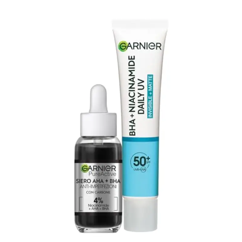 Garnier Kit Pure Active con Siero AHA + BHA Anti-Imperfezioni, e Fluido Quotidiano Anti-UV Anti-Imperfezioni con