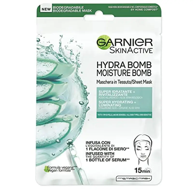 Garnier Maschera in Tessuto Skin Active Hydra Bomb, Formula Super Idratante e Rivitalizzante, Per Tutti i Tipi di Pelle, Con Acido
