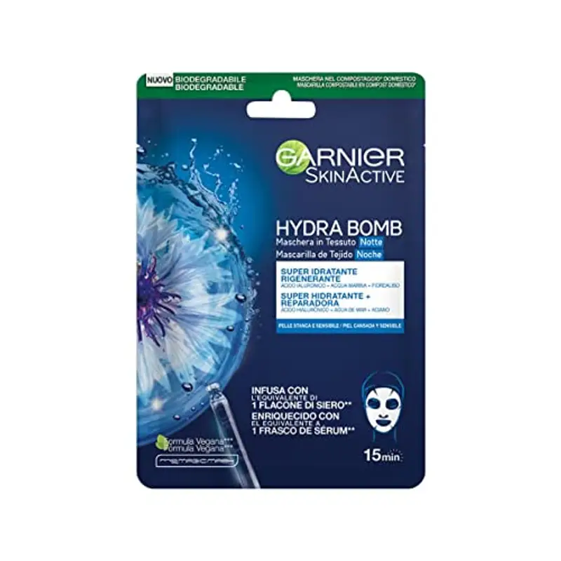 Garnier Maschera in Tessuto Skin Active Hydra Bomb Notte, Idratante e Rigenerante, Con Acido Ialuronico, Acqua Marina e Fiordalisio, Per
