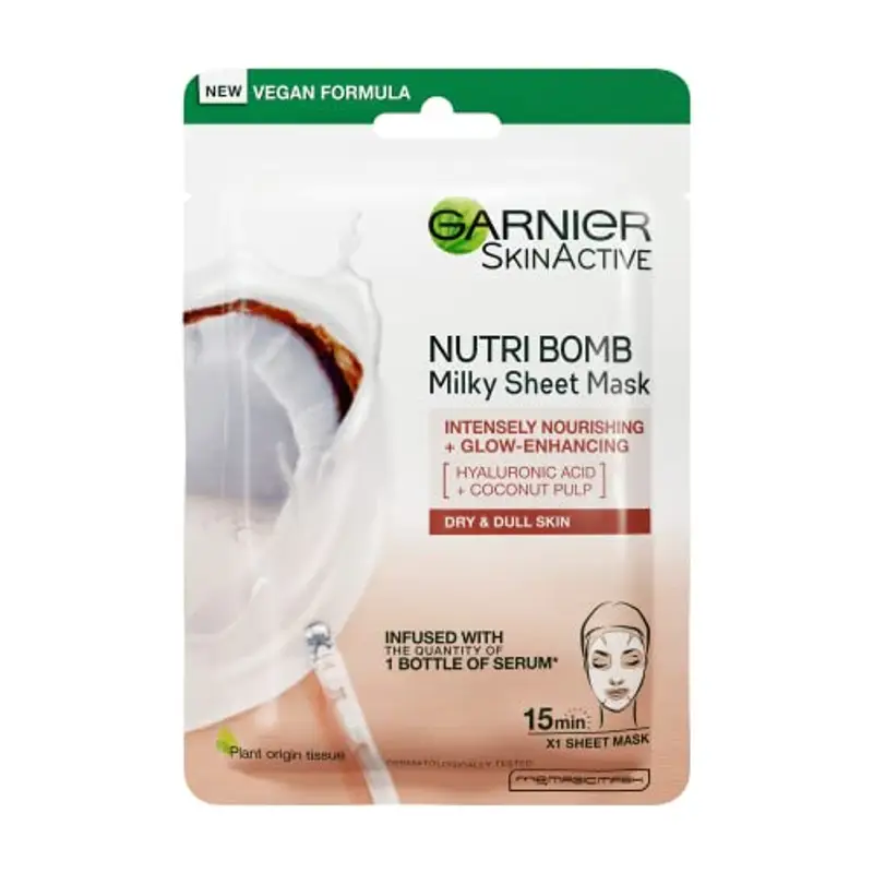 Garnier Nutri Bomb - Maschera in foglio di latte, con cocco e acido ialuronico per pelli idratate, nutrienti intensamente e ripristinanti