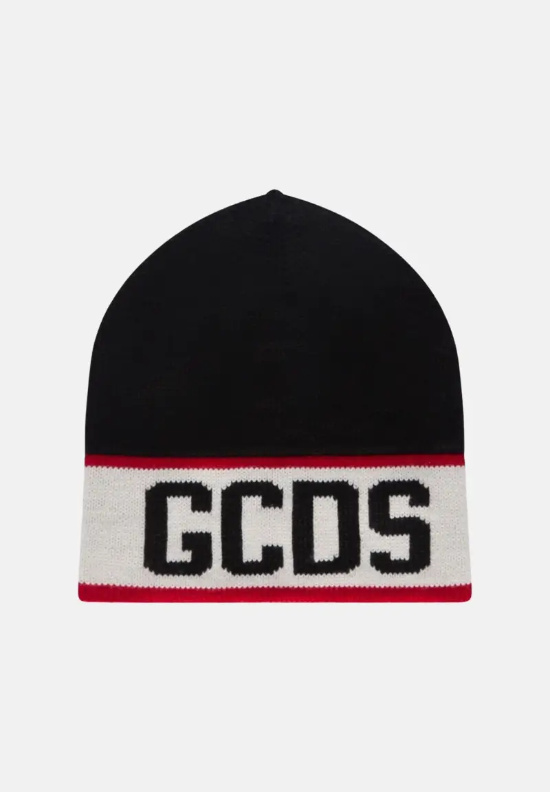 GCDS Berretto di lana nero per uomo e donna con logo