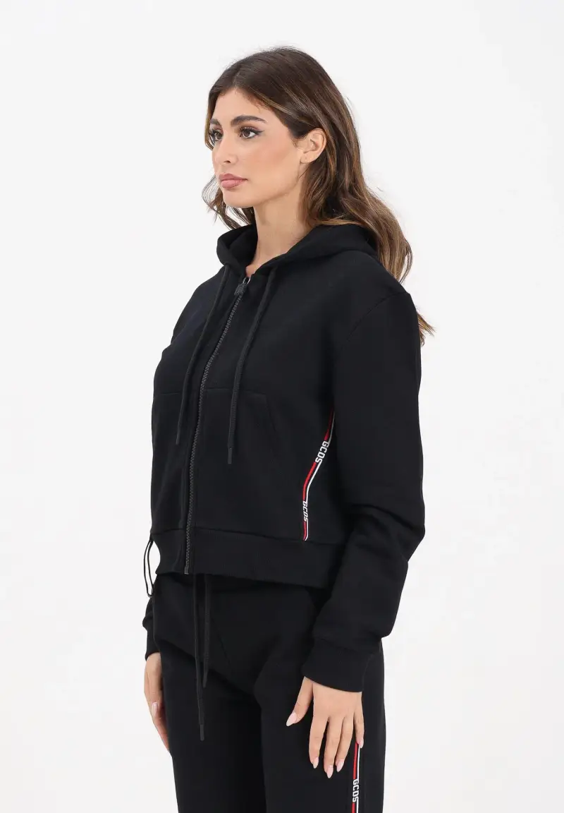 GCDS Felpa con zip nera da donna rifinita da bande logate
