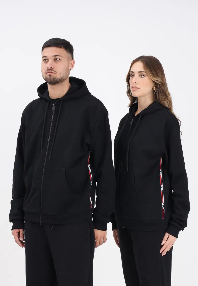 GCDS Felpa con zip nera per uomo e donna caratterizzata da nastri logati