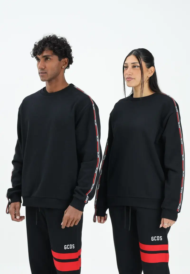 GCDS Felpa girocollo nera per uomo e donna con bande logate