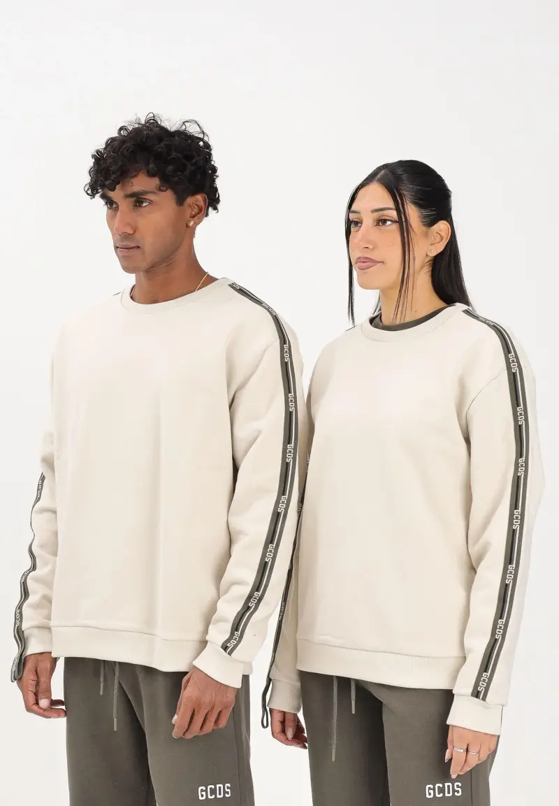 GCDS Felpa girocollo panna per uomo e donna con bande logate