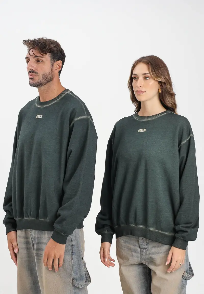GCDS Felpa girocollo verde per uomo e donna con effetto washed