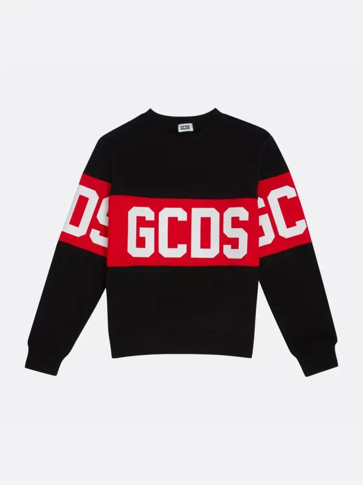 felpa nera bambino in cotone girocollo maxi logo a contrasto