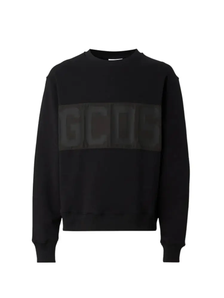 felpa nera uomo in cotone girocollo logo tono su tono