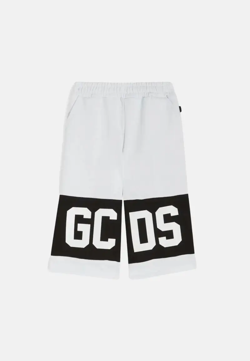 GCDS Shorts bianco per bambino e bambina con banda nera e logo