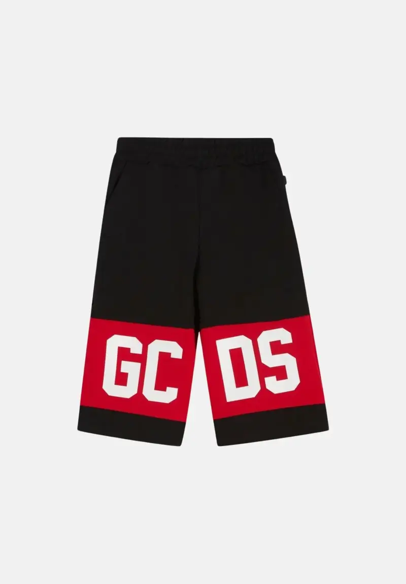 GCDS Shorts nero per bambino e bambina con banda rossa e logo