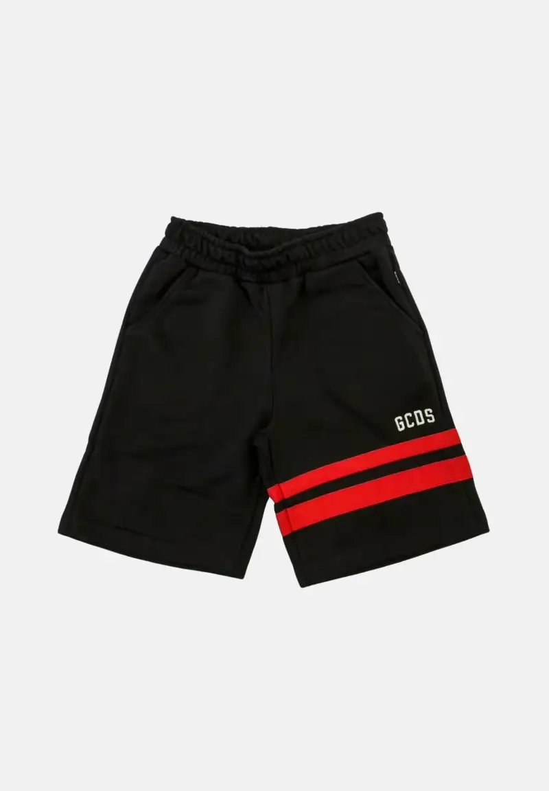 GCDS Shorts sportivo nero per bambino e bambina con logo e bande rosse