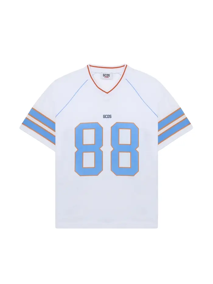 Gcds t-shirt kids/junior soccer jersey bianca con stampa azzurra loose fit
