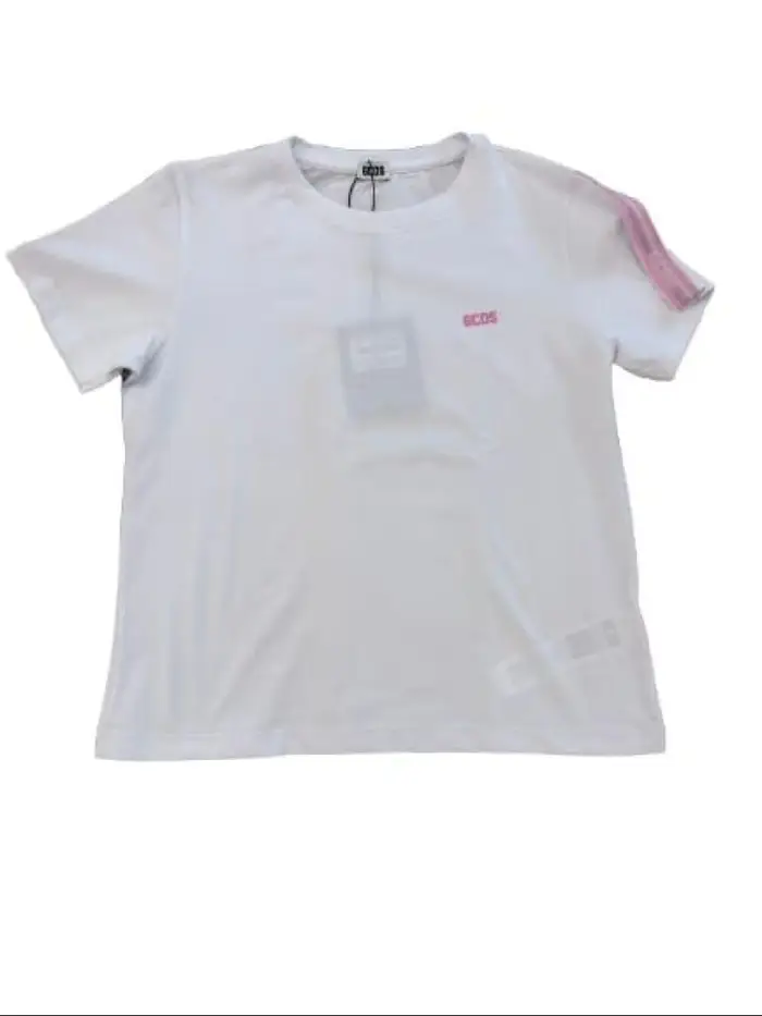 Gcds tshirt bianca bambina logo rosa