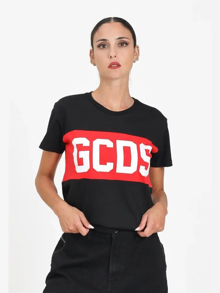 Gcds tshirt nera bambina unisex in cotone maxi logo a contrasto