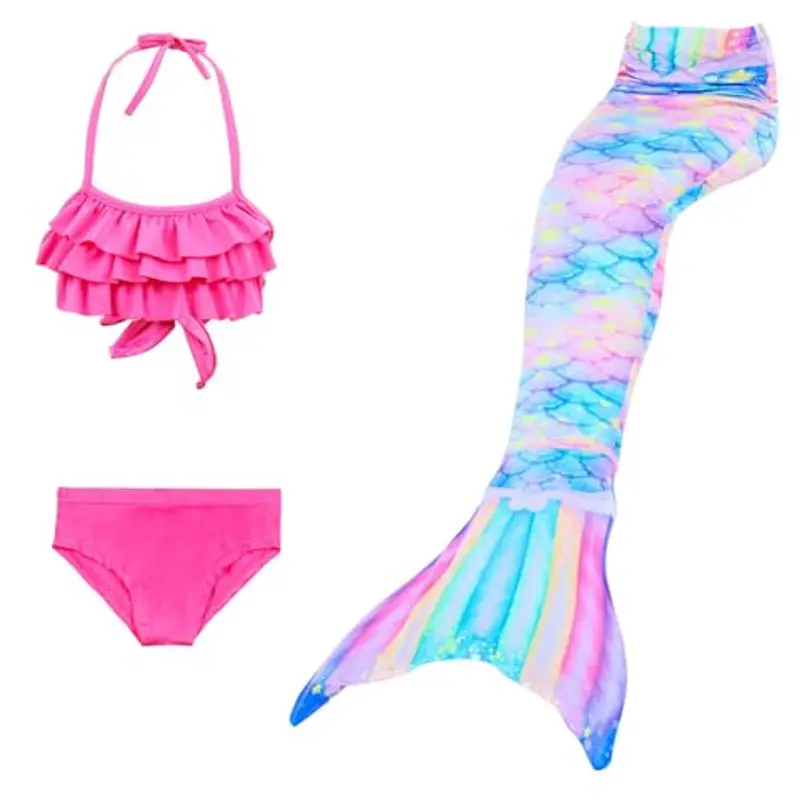 Generico Confezione da 4 Costume Sirenetta Bambina, Vestito Sirena Bambina Bikini Fish Tail Set 3-15 Anni, Scatta delle Bellissime Foto dei