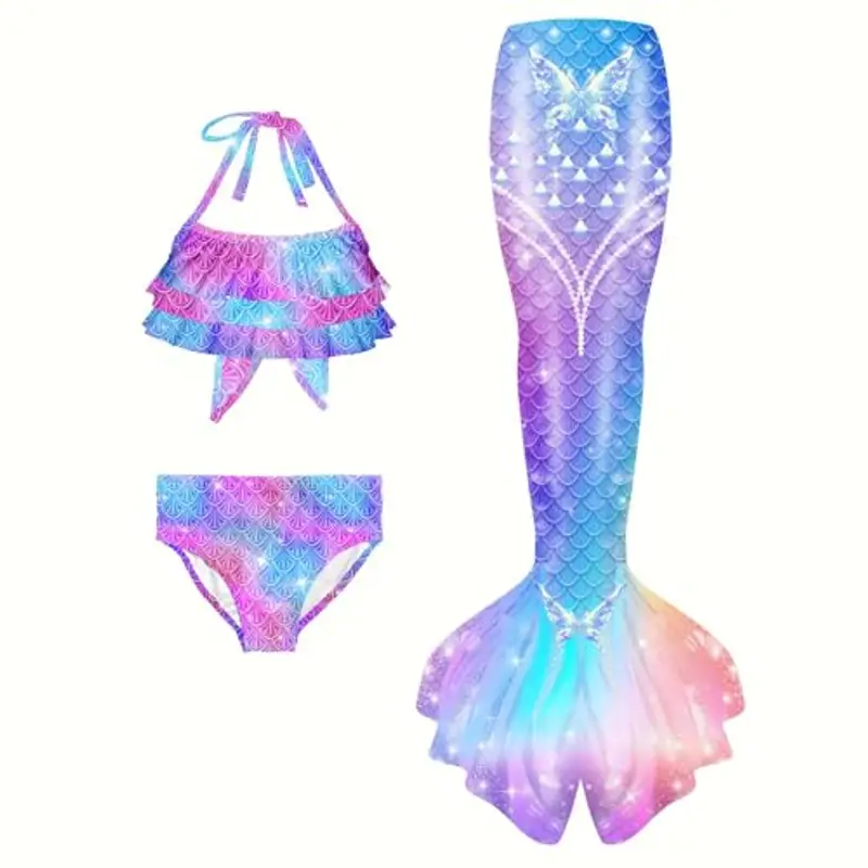 Generico Costume da bagno bikini bambina 3 pezzi bikini adolescente ragazza spallacci regolabili costumi da bagno sirena bambini 4-13 anni