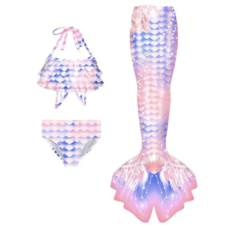 Generico Costume da bagno bikini bambina 3 pezzi bikini adolescente ragazza spallacci regolabili costumi da bagno sirena bambini 4-13 anni