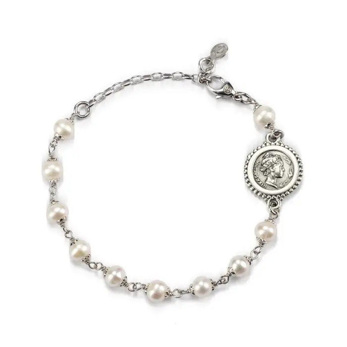 GERARDO SACCO Bracciale In Argento 925 Con Moneta Hera E Perle