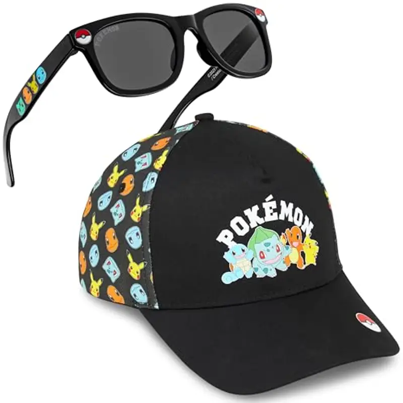 Get Trend Pokemon Berretto Baseball Occhiali da Sole Bambino Set Regolabile Cappello 100% UV Protezione Occhiali Sole (4-12 Anni, Nera