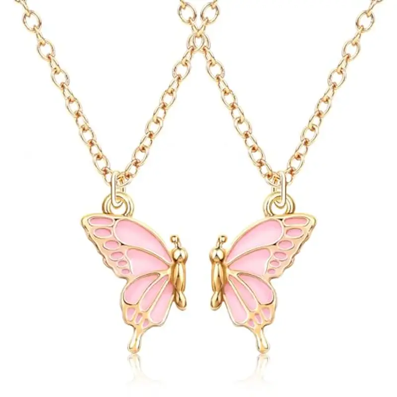 GGUFAY 2PCS Collana dell'amicizia, Farfalla Rosa Collana di Amicizia, Collana Pendente Amicizia, per Regalo di Compleanno per Migliori Amici